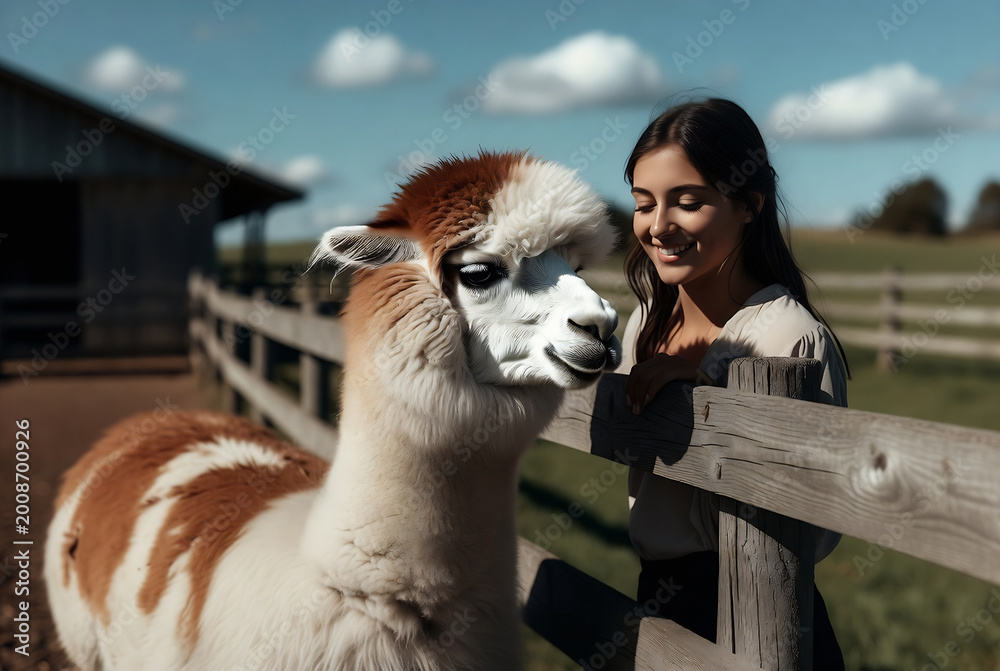 Fototapeta premium A young woman is petting an alpaca in a rural farm setting.