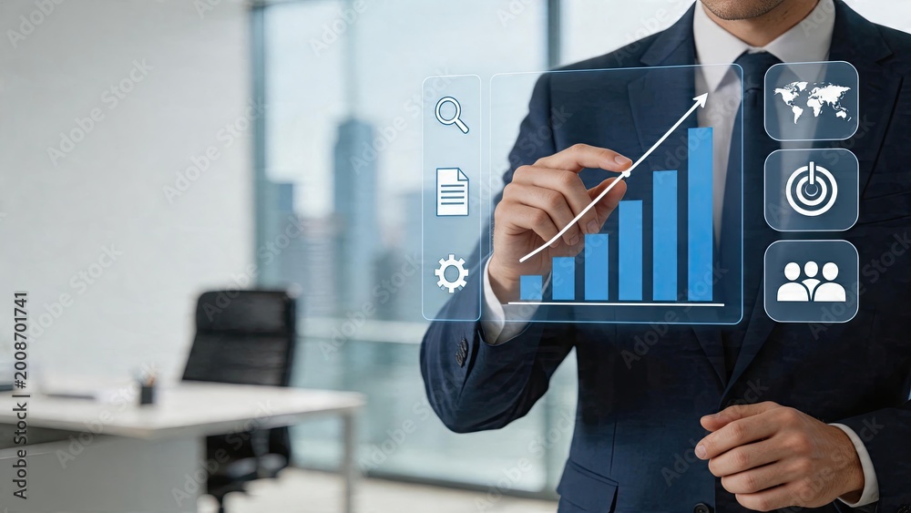 Naklejka premium Businessman interacting with digital holographic interface showing financial growth analytics data analysis marketing strategy investment success corporate performance economic