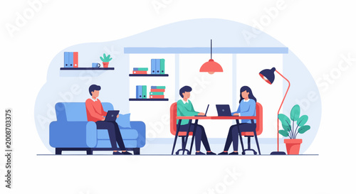 Three people working on laptops in a modern office space, featuring a sofa, desk, and decor