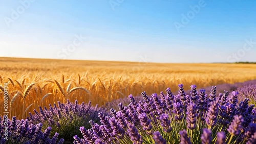Lavender field with wheat in background
