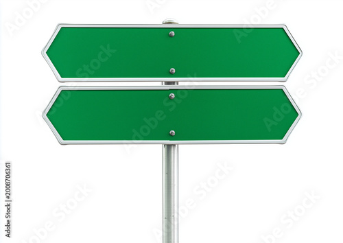 a blank green street sign with three arrow signs pointing in different directions, isolated on a white background.