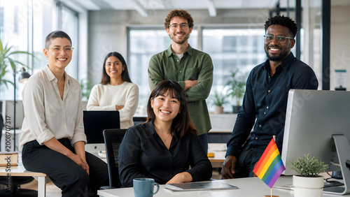Inclusive workplace concept: Diverse employees in a bright, airy office with subtle LGBTQ pride representation.