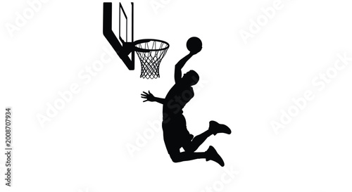 Cuadro en lienzo Basketball player dunking with ball and hoop silhouette