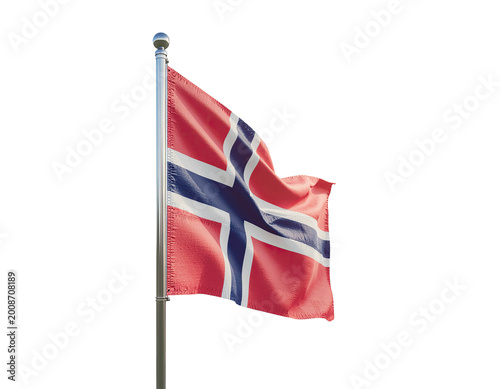 Norwegian Flag Waving on a Pole Against a White Background