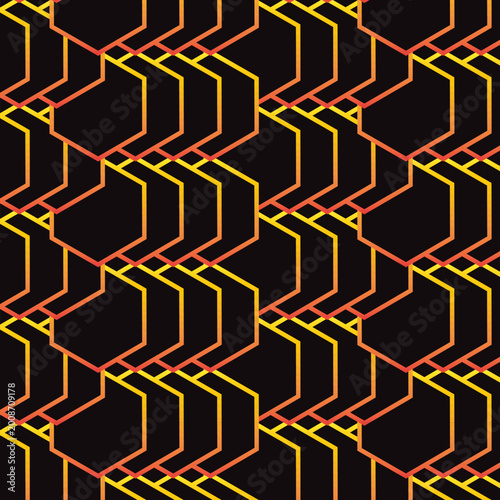 Seamless geometric pattern with orange and yellow triangular and hexagonal line shapes on a black background.