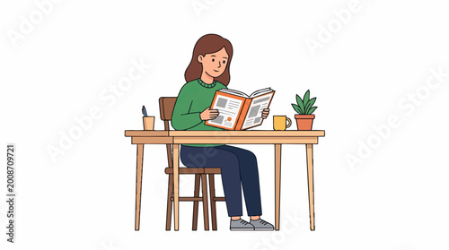 Woman reading a book at a desk.
