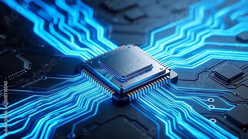 Microchip with glowing circuit lines