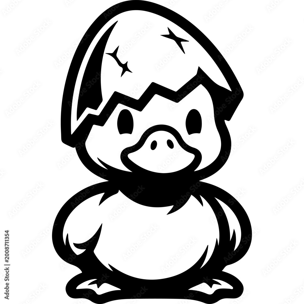 Fototapeta premium Little duckling stands in a hat made of an eggshell. Black and white vector with thick outlines isolated on white background