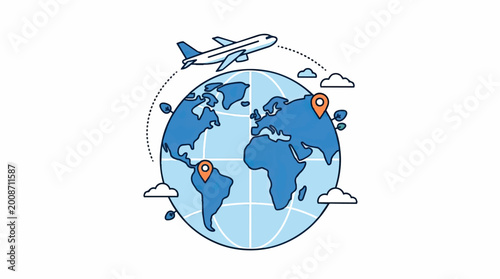 Airplane Flying Around Globe with Travel Pins.