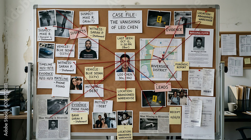 Fotografie A detective's investigation board unraveling a complex case with photos notes an