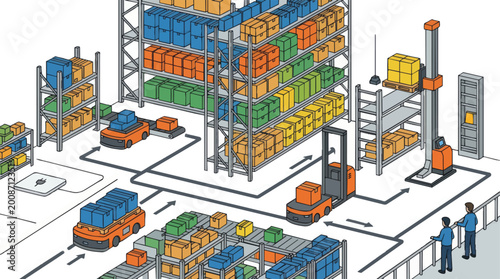 Automated Warehouse Logistics with Robots and Forklifts.