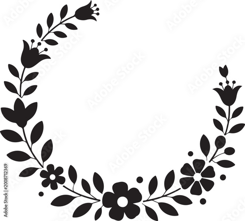 Black silhouette of a curved floral wreath with flowers and leaves