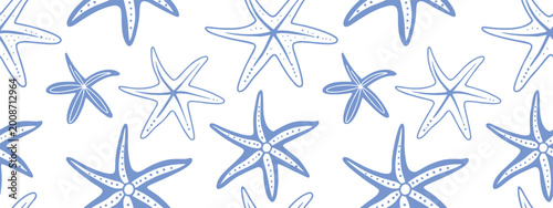 Tableau sur toile Seamless starfish pattern in blue line art on light background for coastal  Minimal marine illustration with playful sea stars