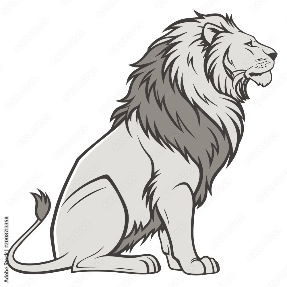 Fototapeta premium Majestic lion sitting vector illustration, noble male lion with thick mane profile, regal wild cat mascot in grey tones for sports logos and branding