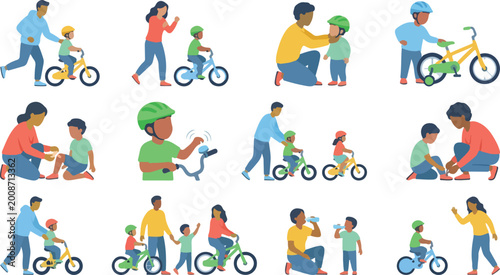 Bicycle riding icons set showing parents teaching children how to ride bikes wear safety helmets and repair their gear too