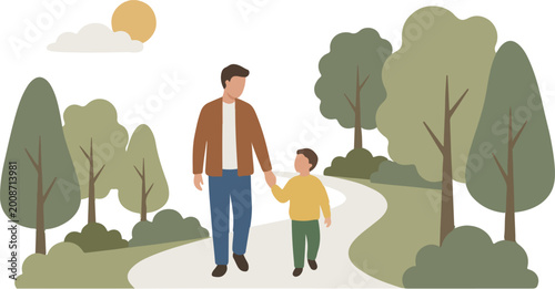 Father and son walking in park together, dad holding kid's hand, enjoying nature, family outdoor activity, flat vector art