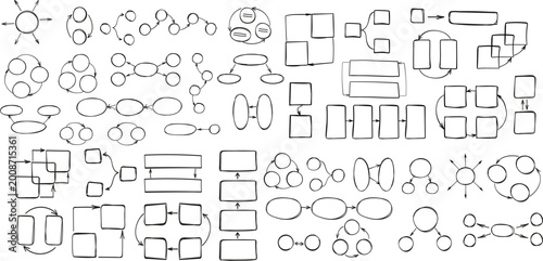 Hand drawn vector big set of flowcharts, diagram elements, and business process frames. Sketchy doodle blocks with arrows for workflow, infographics, and organizational structure design.