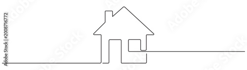 Continuous thin line home vector illustration, minimalist house icon. One line art cottage building Editable stroke
