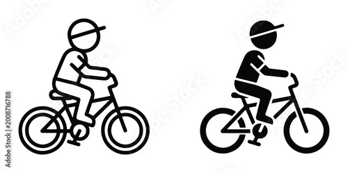 Photography bicycle riding stick figure icons set on white background