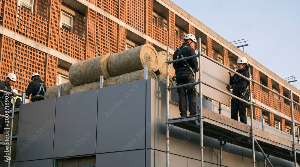 Naklejka premium Retrofit insulation crews work across the exterior of a mid-century hospital building, rolls of mineral wool stacked on scaffolding platform