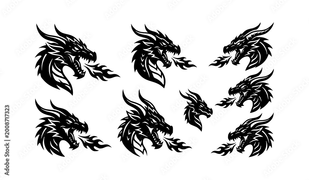 Obraz premium Dragon Head Silhouette Icons Set Fierce Mythical Vector Black White