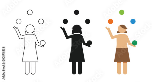 diverse people juggling colorful icons set - Solid vector icons  - Clipart, sticker - icon set