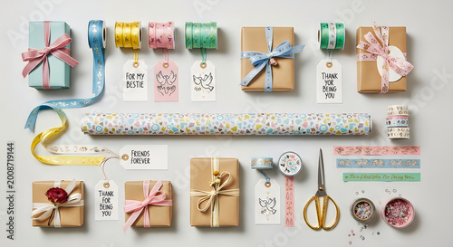 Festive gift wrapping supplies laid out on a light gray background for creative projects