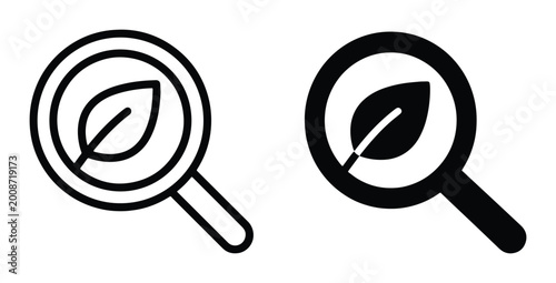 Canvastavla black and white vector icons of magnifying glasses examining leaves on plain bac