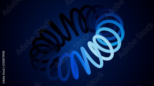 Ring-shaped neon spring in blue and black forms a dynamic loop. Futuristic glowing helix with strong depth and contrast. Abstract 3d render illustration.