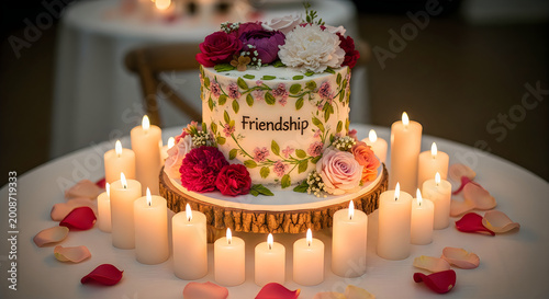 Exquisite three tier wedding cake adorned with flowers and surrounded by glowing candles