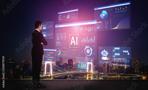 Billede på lærred AI business intelligence interface featuring real-time AI data visualization, predictive AI model graphs, and automated report tools driven by AI artificial intelligence for business solution