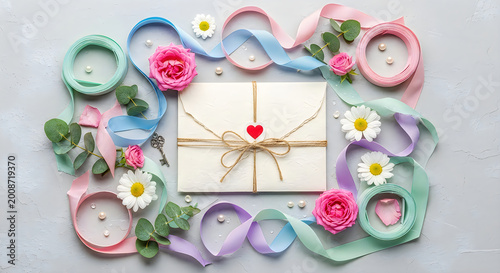 Festive gift arrangement with ballet slippers flowers and ribbon on a light background