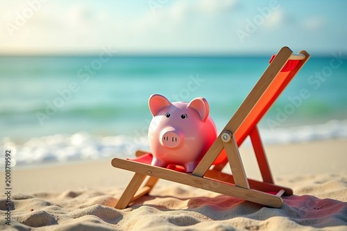 Piggy Bank Lounging on a Deckchair by the Beach with Ocean Scenery