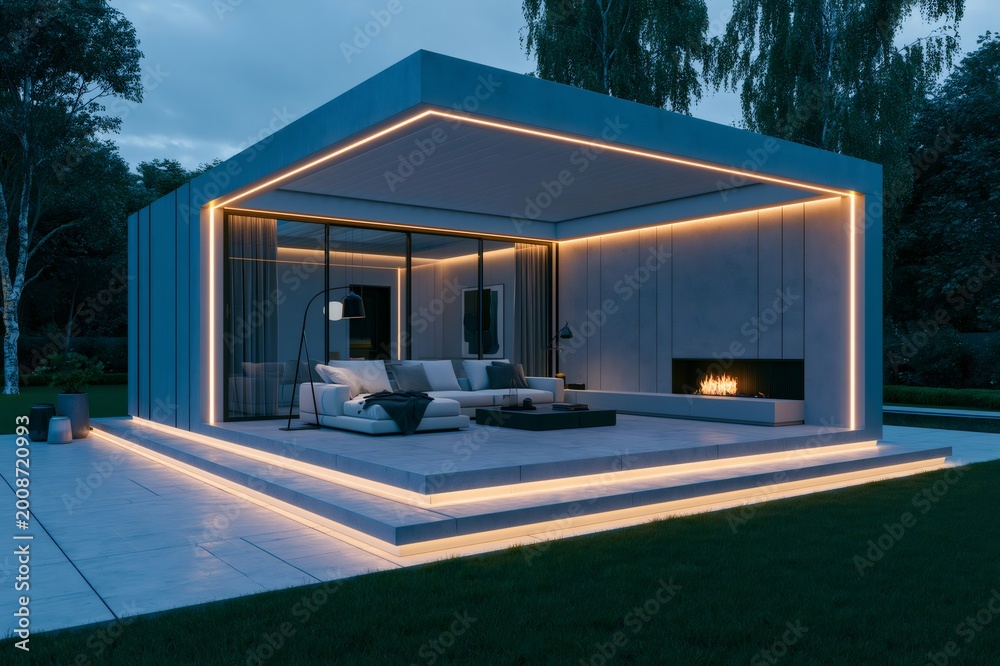 Obraz premium Modern outdoor patio with led lighting and fireplace
