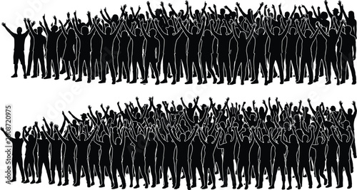 Foto Black vector silhouettes of a large crowd of people with raised handsBlack vecto