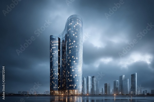 futuristic cityscape, sci fi skyline, glowing skyscrapers, neon city, cyberpunk architecture, modern metropolis, smart city, futuristic glass tower, urban innovation, advanced architecture