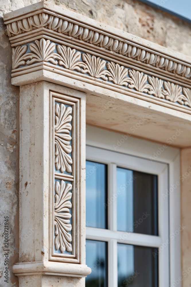 Obraz premium Ornate travertine window frame with classical palmette carving