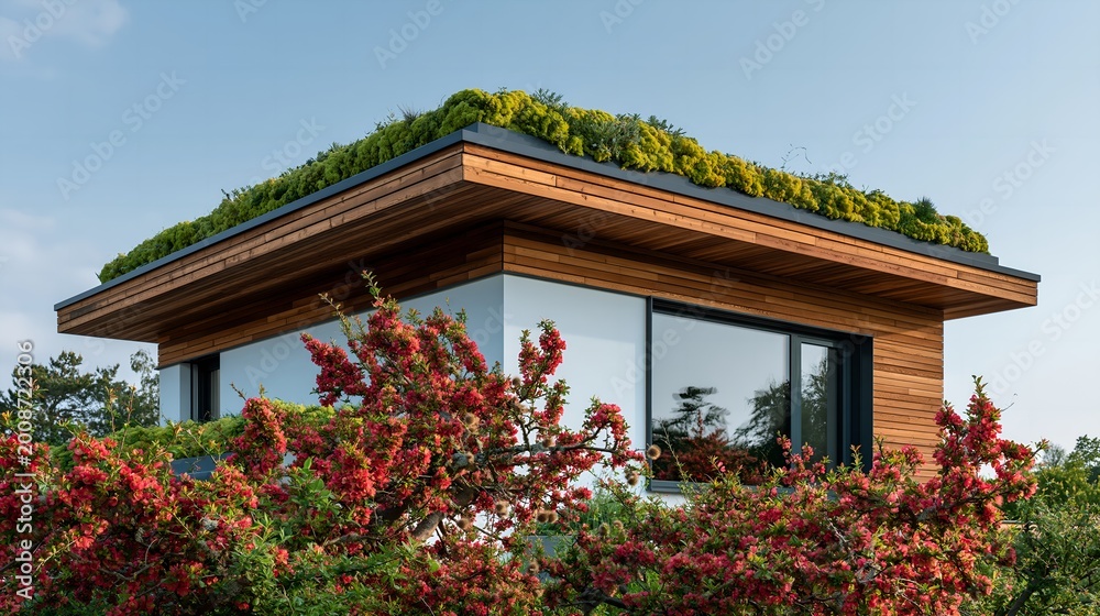 Fototapeta premium Modern eco-house with green roof and wooden beams.