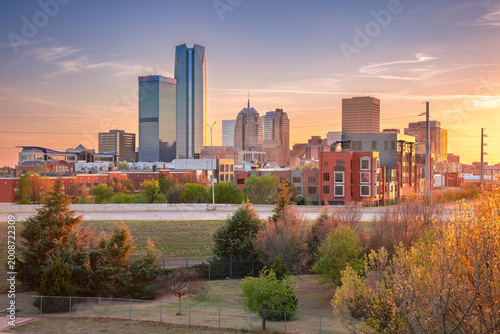 Oklahoma City, Oklahoma, USA. Aerial cityscape image of Oklahoma City skyline at sunset golden hour.