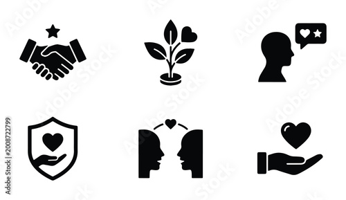 Bilde på lerret 6 vector icons of handshake with star plant growth heart speech bubble shield wi