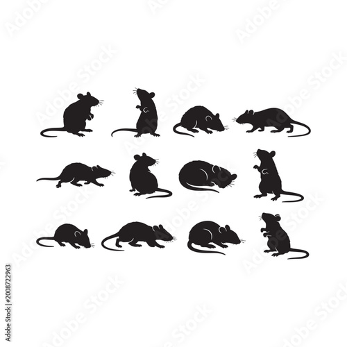 Black Silhouette Set of Rats and Mice in Various Poses — Minimalist Flat Vector Rodent Animal Collection for Wildlife, Halloween and Pest Control Design