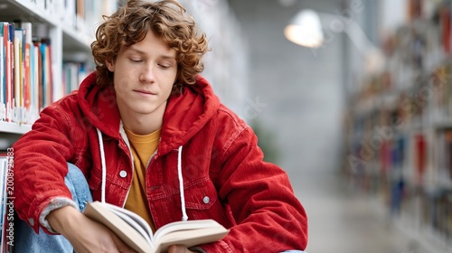 Young man reads book in library.