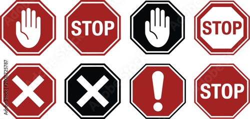 Tableau sur toile Stop red sign icon with white hand, do not enter warning stop sign stock vector, prohibition traffic symbol collection, safety restriction and access control signage design