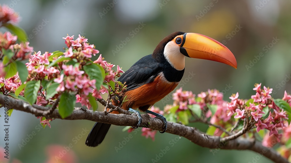 Fototapeta premium Toucan perches on blossoming branch.