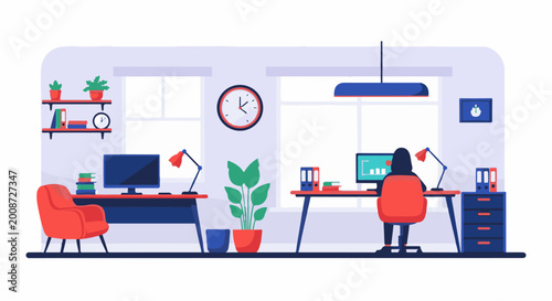 A home office scene with two desks, chairs, computers, and plants
