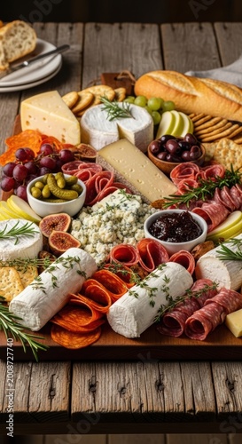 Large gourmet cheese board with salami grapes bread and olives on a rustic wooden table for a party appetizer platter