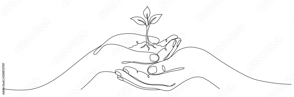Naklejka premium Solid line drawing of hands holding a sprout. A plant in a human hand, single line drawing. Vector illustration isolated on a white background. Editable outline.