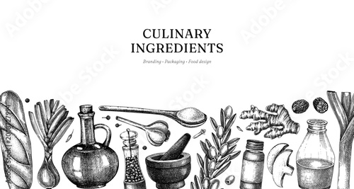 Vintage culinary ingredients banner design in engraving style. Hand drawn vector food background for menu, packaging, branding. NOT AI generated. 