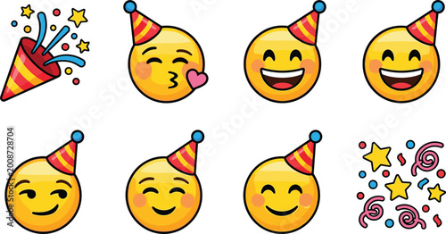 Foto Cute Birthday Party Emoji Faces with Festive Hats and Confetti Popper Icons for