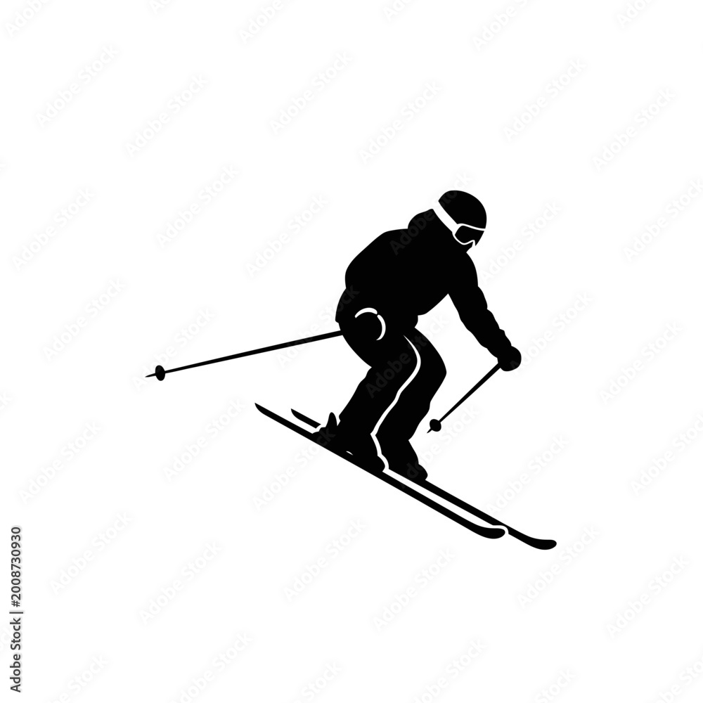 Fototapeta premium Silhouette of a skier in motion navigating snowy slopes during daytime